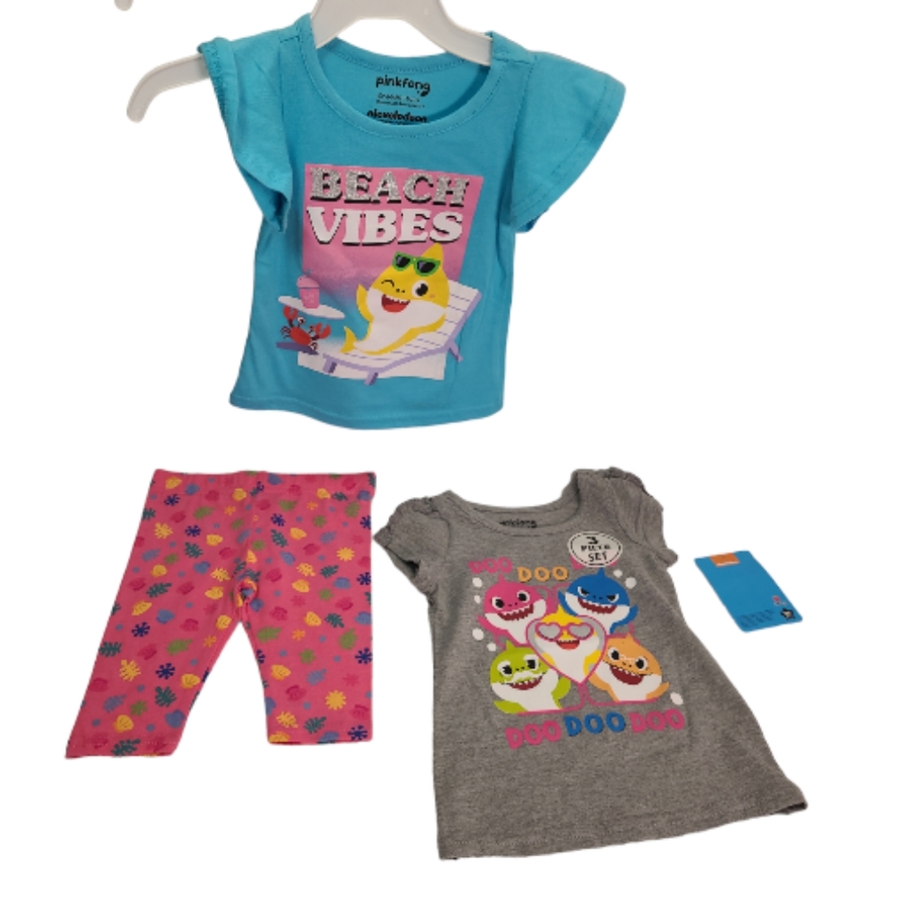 Pink Fong Baby Shark Girl 3Pc Two Shirts and Shorts Set Outfit Size 12Months